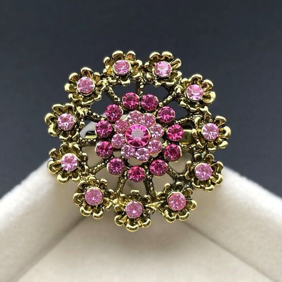 Yellow Gold with Light and Dark Pink Sapphire Crystal Flower Pin Back Brooch - Picture 2 of 7